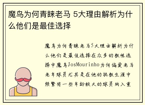 魔鸟为何青睐老马 5大理由解析为什么他们是最佳选择