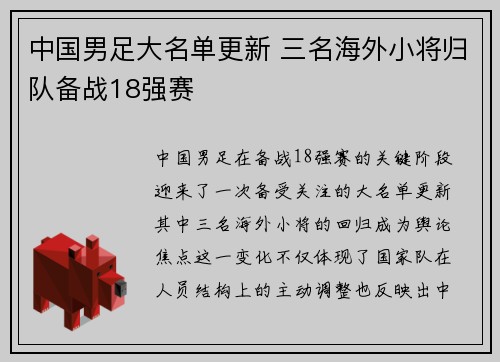 中国男足大名单更新 三名海外小将归队备战18强赛 中国男足大名单更新 三名海外小将归队备战18强赛