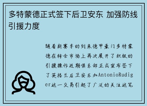 多特蒙德正式签下后卫安东 加强防线引援力度