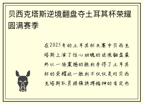贝西克塔斯逆境翻盘夺土耳其杯荣耀圆满赛季 贝西克塔斯逆境翻盘夺土耳其杯荣耀圆满赛季