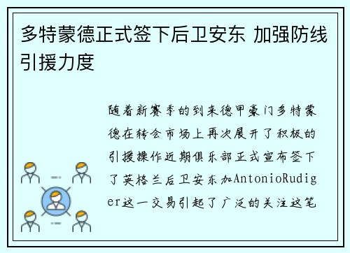 多特蒙德正式签下后卫安东 加强防线引援力度